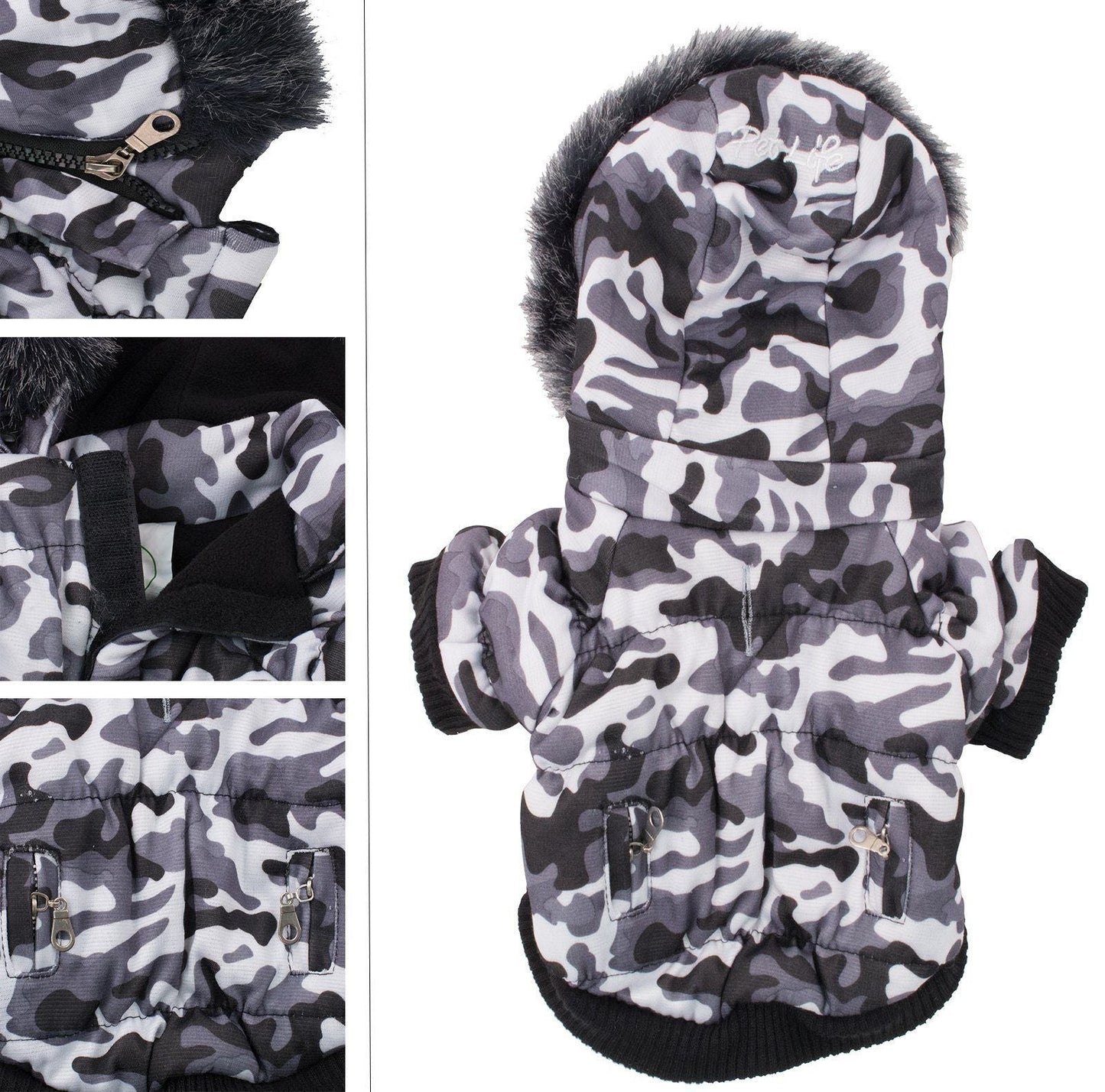 3M insulated dog parka in camouflage design with faux fur hood and usable back pockets.