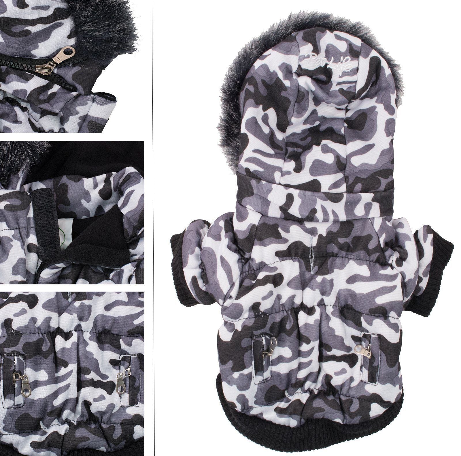 3M insulated dog parka in camouflage design with faux fur hood and usable back pockets.