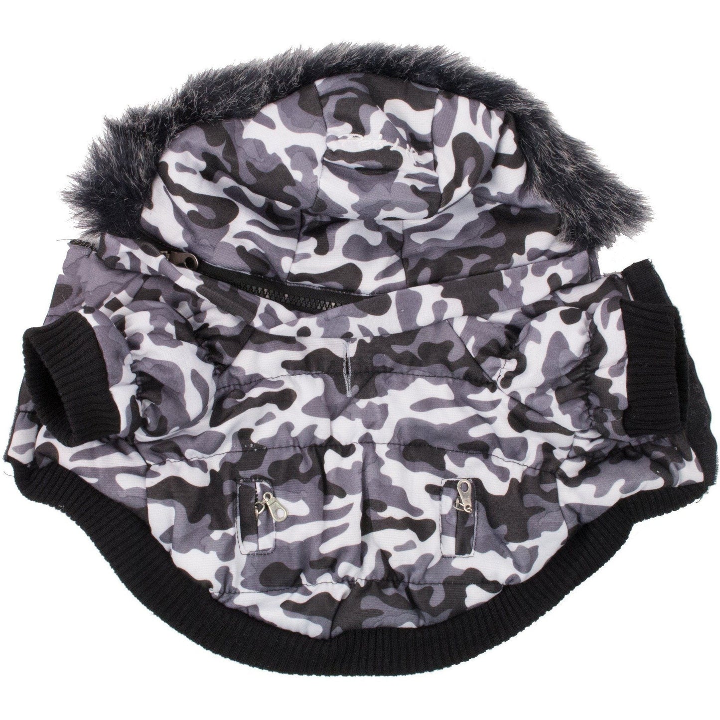 3M insulated dog parka with hood featuring camouflage design and removable faux fur trim.