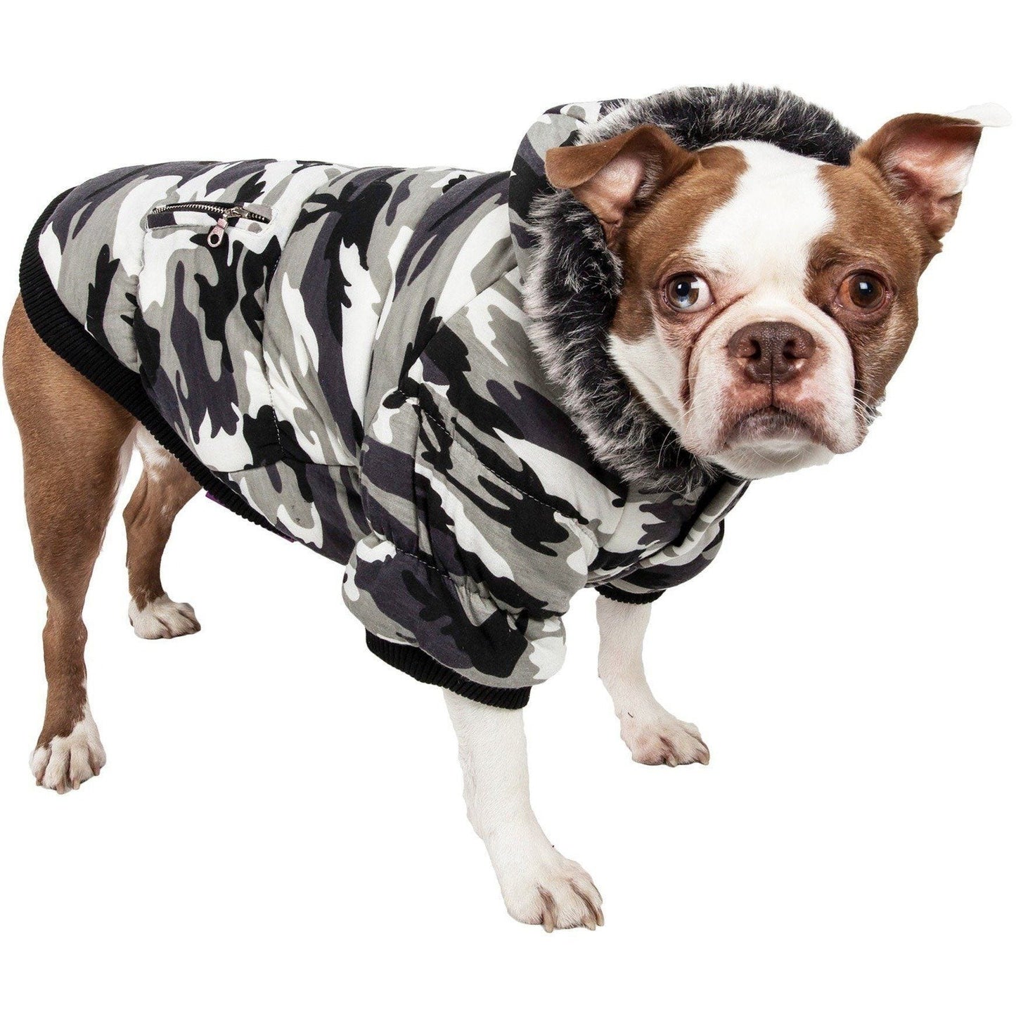 3M insulated dog parka on a dog with a hood, featuring a camouflage design and faux fur trim for warmth.