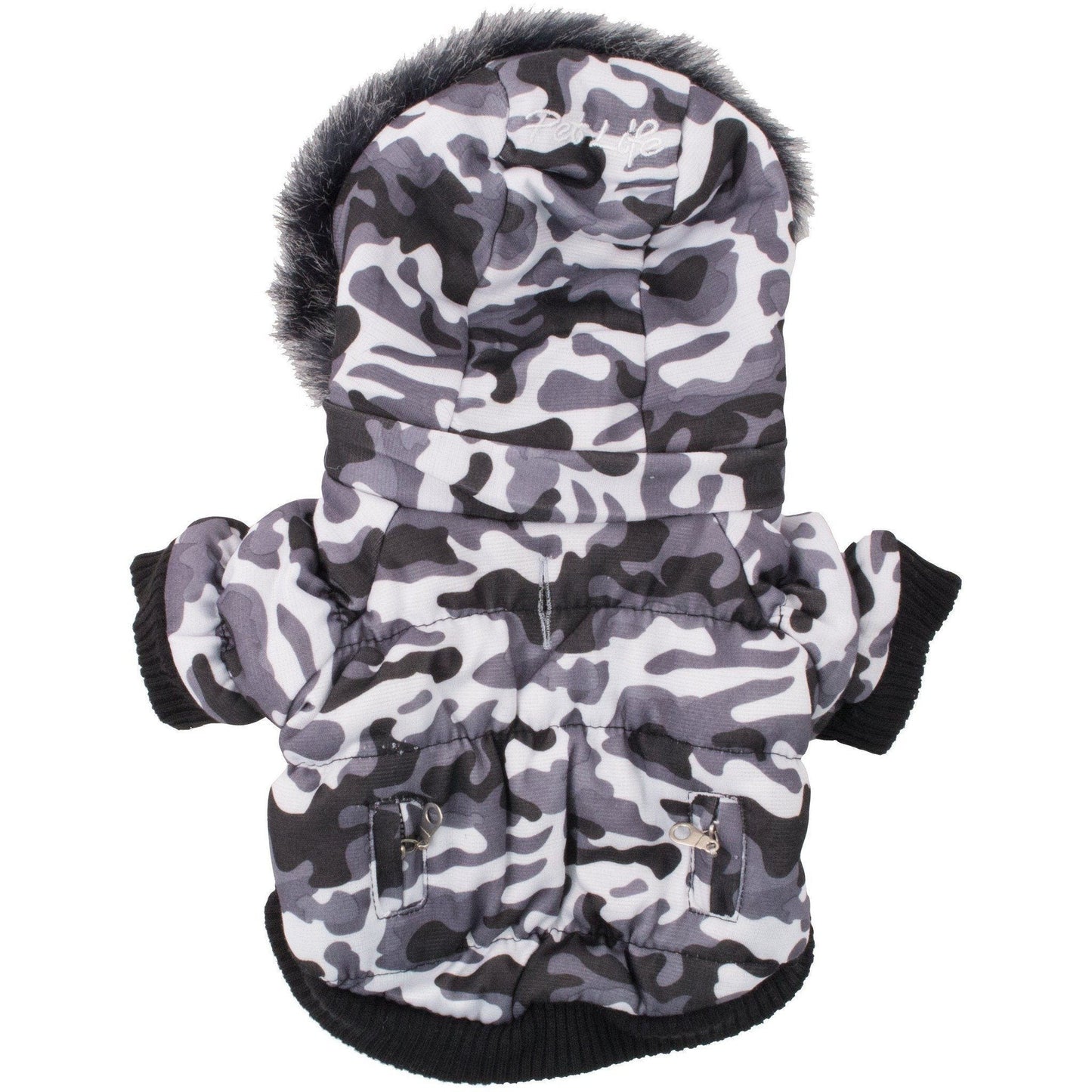 3M insulated dog parka with hood in a grey camouflage design, featuring faux fur trim and zippered pockets.