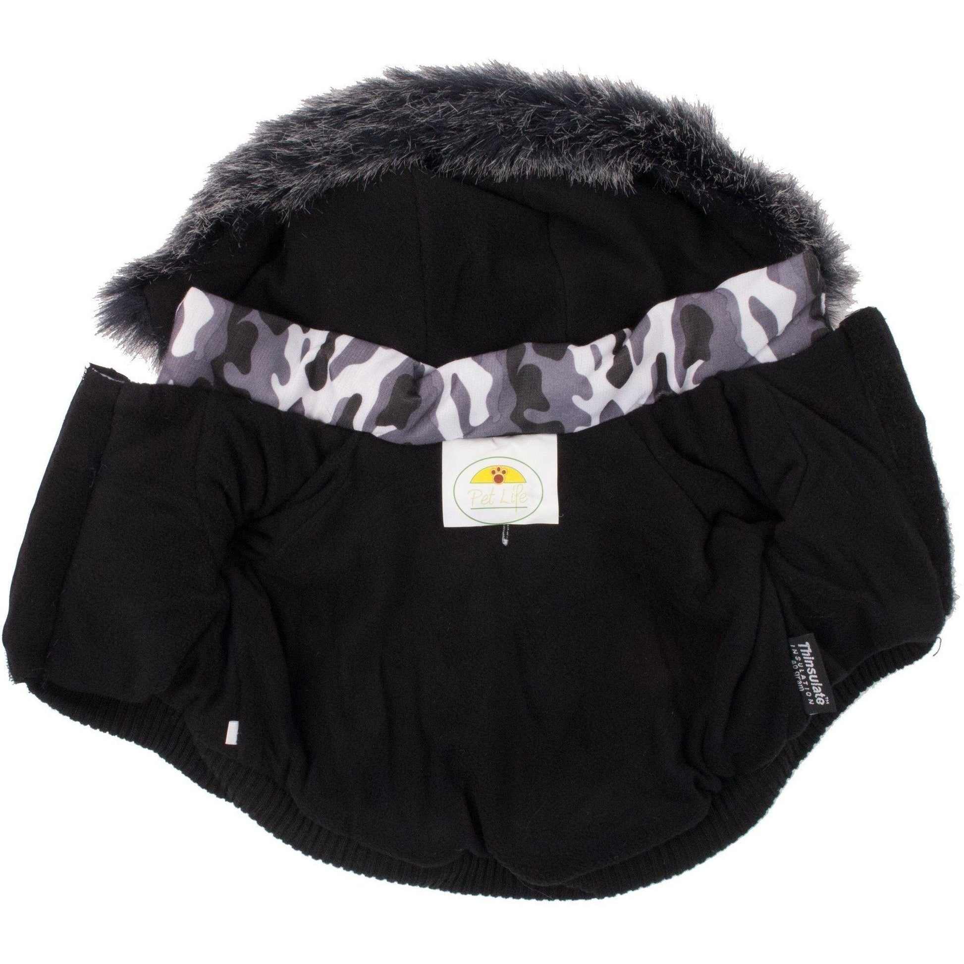 3M insulated dog parka with hood featuring faux fur and camouflage inner lining for added warmth.