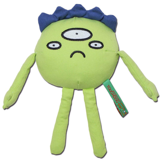 Touchdog Cartoon Alien Monster Plush Dog Toy, a playful green plush with four limbs and goofy expression.