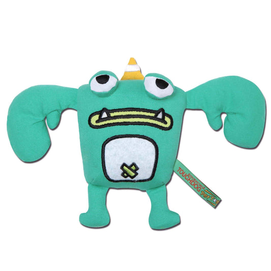 Touchdog Cartoon Crabby Tooth Monster Plush Dog Toy with goofy character and bright colors for dogs to play and chew.