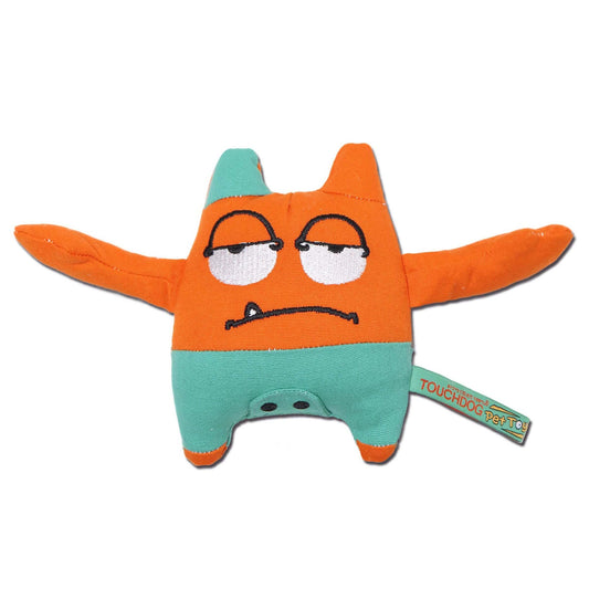 Touchdog Cartoon Sleepy Monster Plush Dog Toy featuring a goofy orange and aqua monster character.
