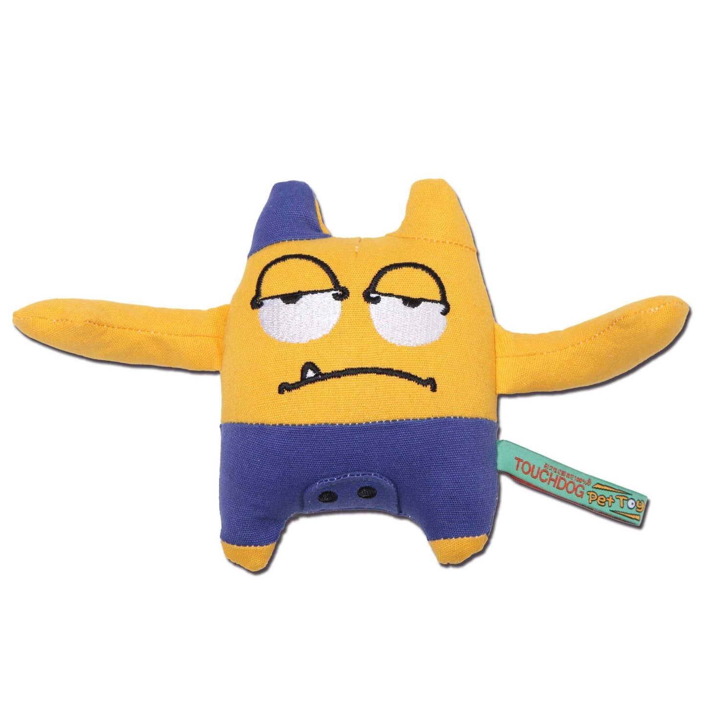 Touchdog Cartoon Sleepy Monster Plush Dog Toy, a cute yellow and blue plush monster with a goofy expression.